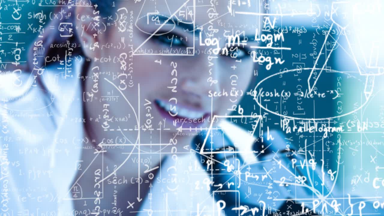 Lab scientist placing slide under microscope and revealing animated formulas signaling discovery