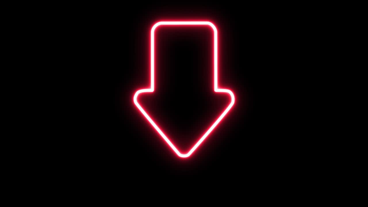 flecha hacia abajo símbolo de contorno brillante en bucle sobre fondo negro.