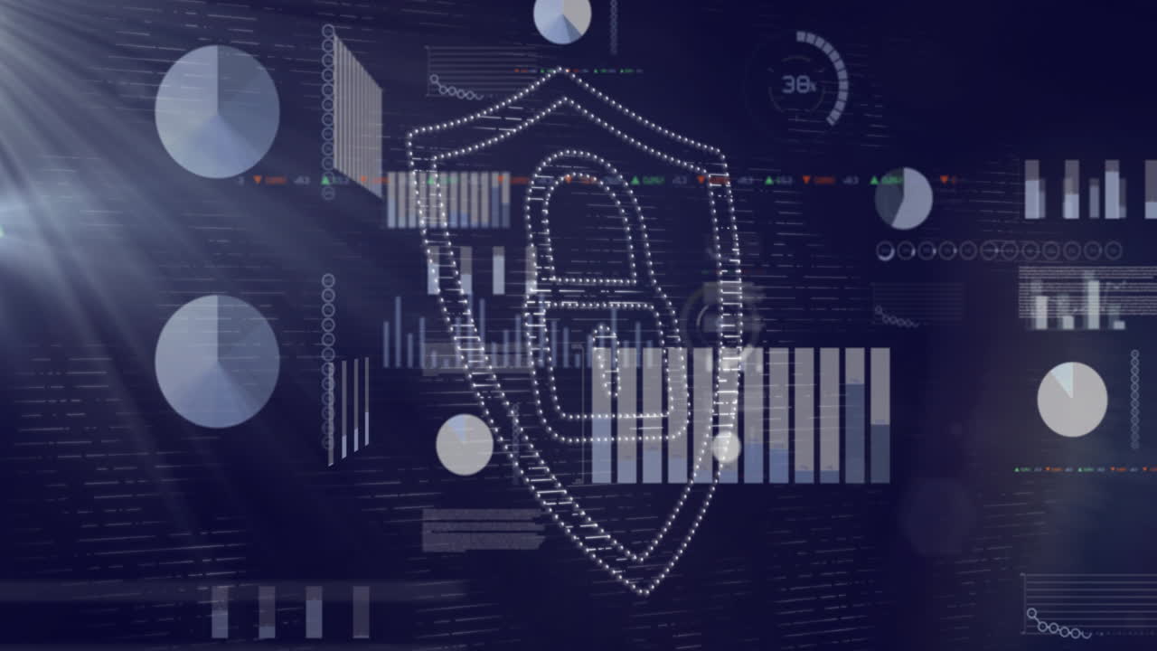 Lock and shield icon animation over data charts and graphs on dark background