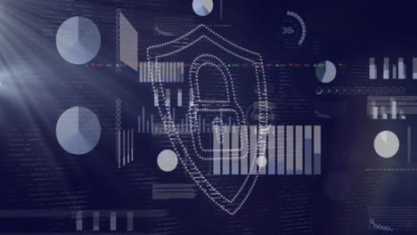 animación de icono de bloqueo y escudo sobre gráficos y gráficos de datos en fondo oscuro