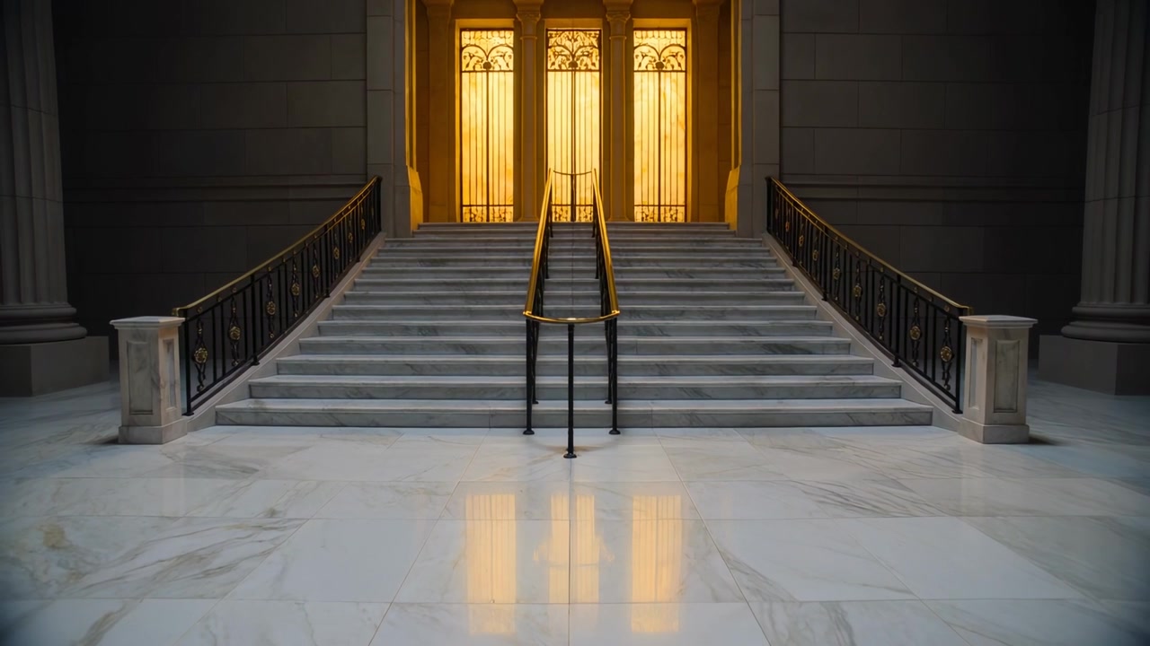 Telecamera che avanza mostrando scale di marmo e tre porte luminose in una grande sala, che riflettono l'oro