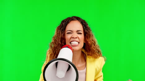 Megaphone,-face-and-green-screen-by-woman