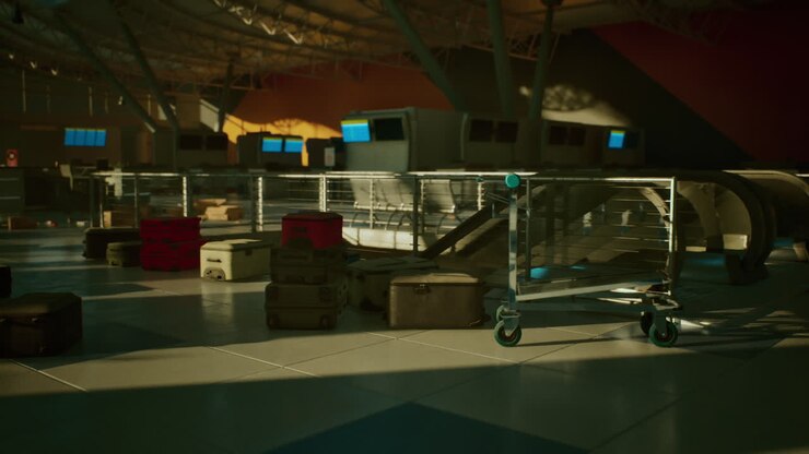 Empty airport terminal with luggage and a luggage cart