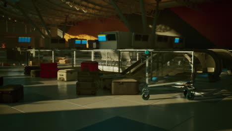 empty airport terminal with luggage and a luggage cart