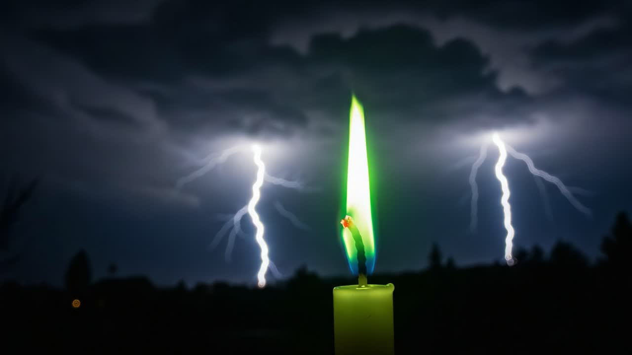 A mesmerizing candle flame flickers defiantly against a dark, stormy sky illuminated by powerful lightning strikes, creating a striking contrast of calmness and chaos