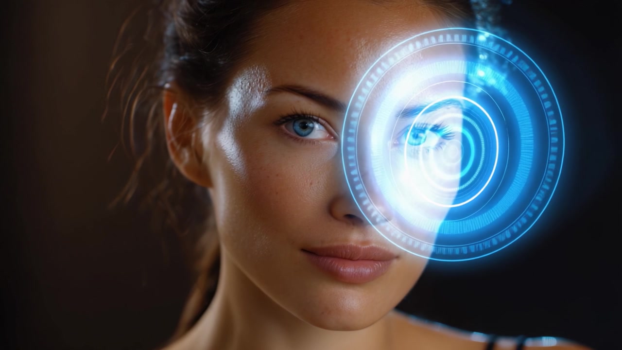 Un cautivador primer plano de una mujer que muestra tecnología avanzada proyectada en su rostro, destacando sus impactantes ojos azules y efectos holográficos brillantes.