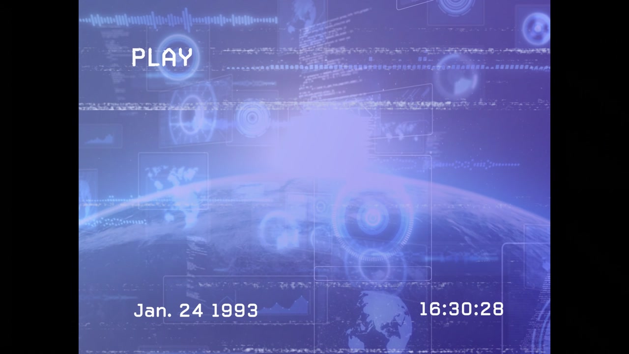 PLAY starting playback retro globe HUD glowing and rings sliding while time advancing for archive