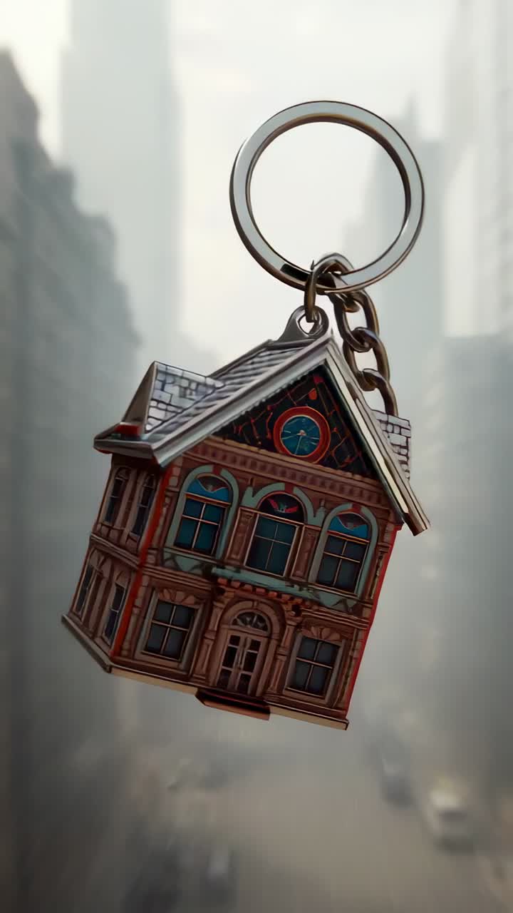 Vertical video: Rotating metal key ring with chain and house charm over city street showing facade
