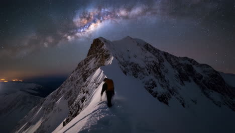 hiker on a snowy mountain ridge under the milky way