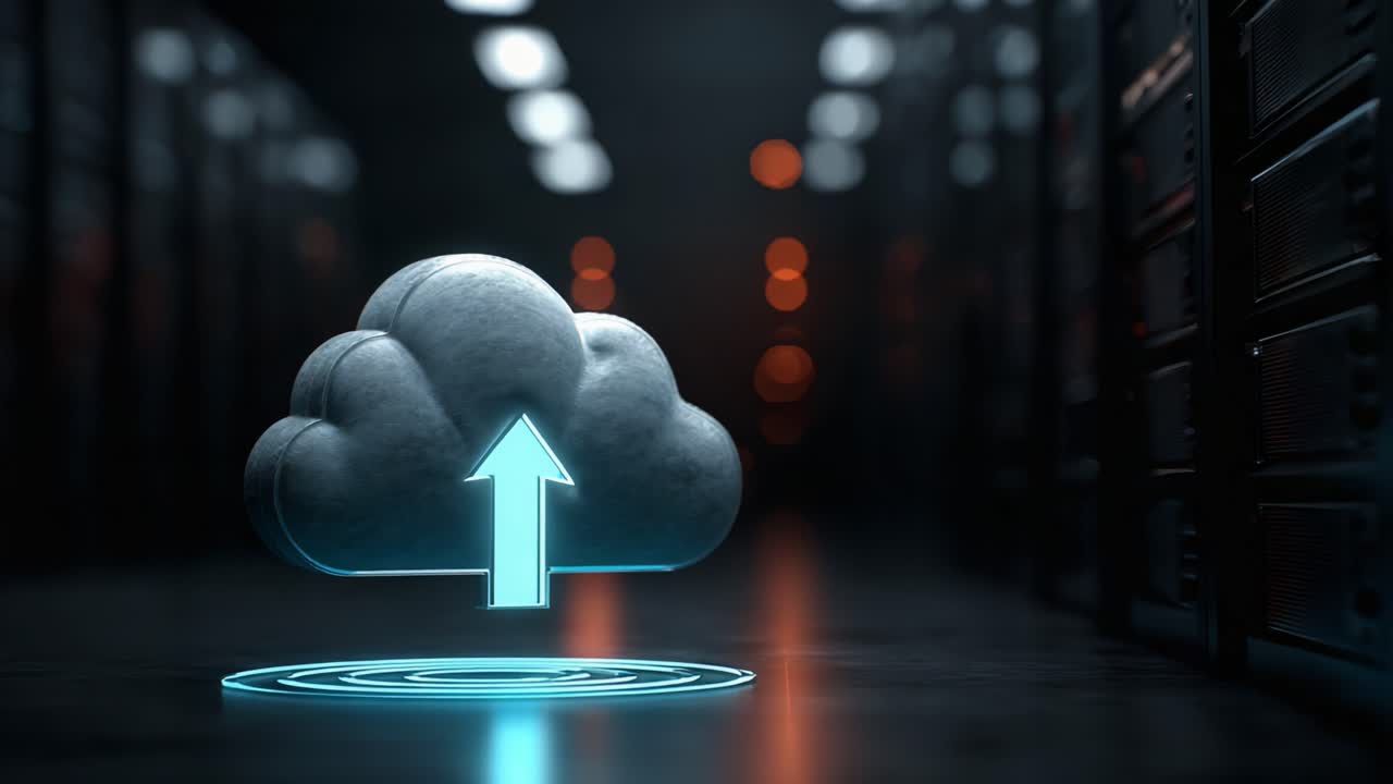 Visual Representation of Cloud Computing: Depicting Upload Process in a High-Tech Server Environment with a Glowing Cloud Icon and a Rising Arrow Signifying Data Transfer
