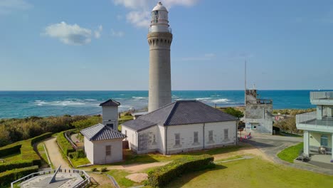 an ascending aerial shot reveals a majestic lighthouse and its buildings on a beautiful, sunny coastline. the calm ocean and a sundial in the foreground complete the scenic view