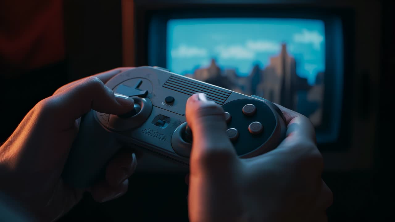 Starting pixel-art game on CRT television, hands moving retro controller advancing level at home