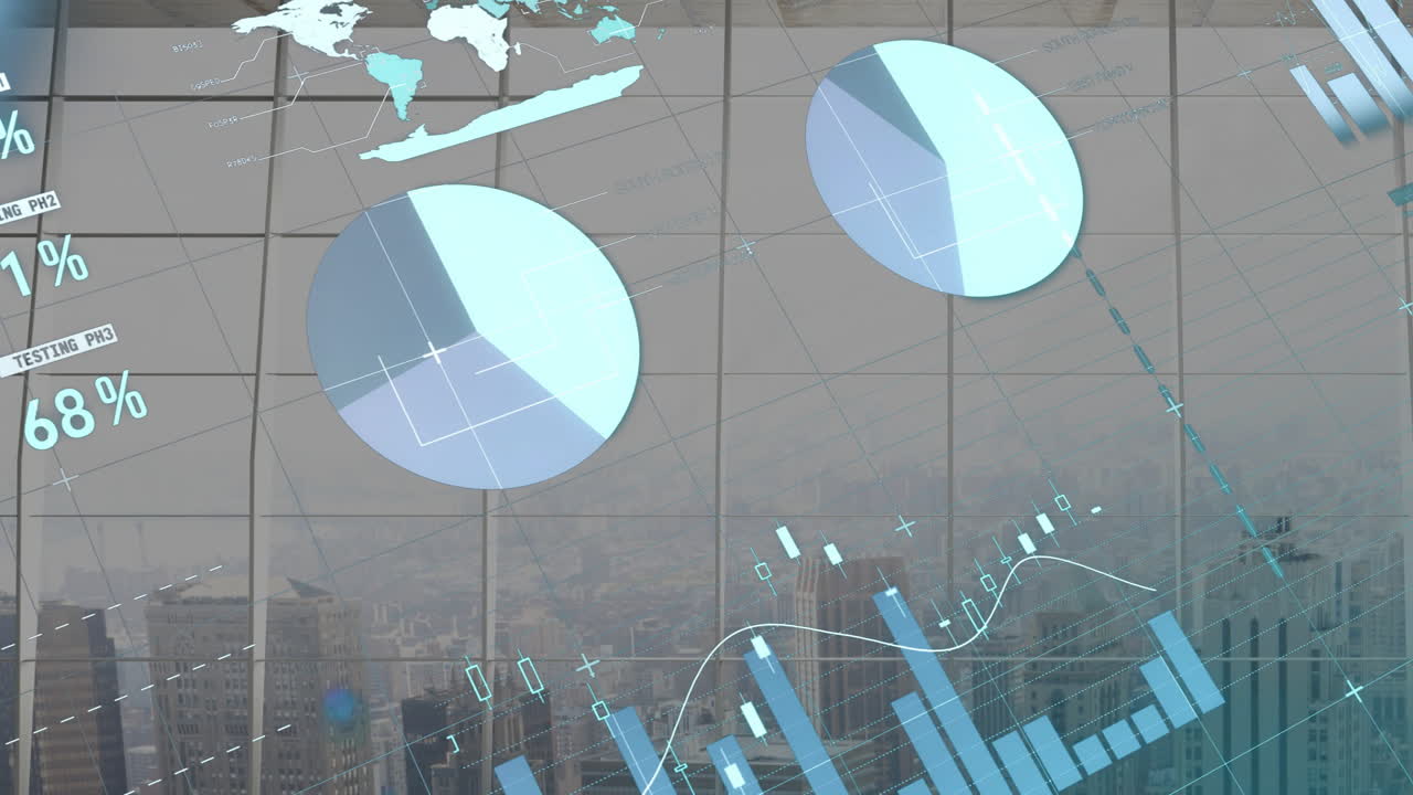 Cityscape with pie charts and graphs overlaying, showing animation of data analysis