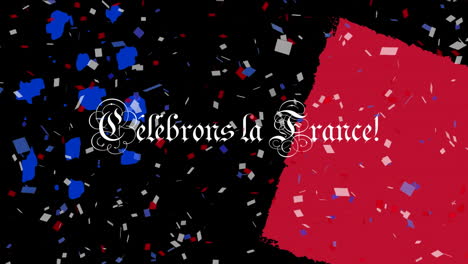 animation of celebrons la france text with french flag and confetti on black background