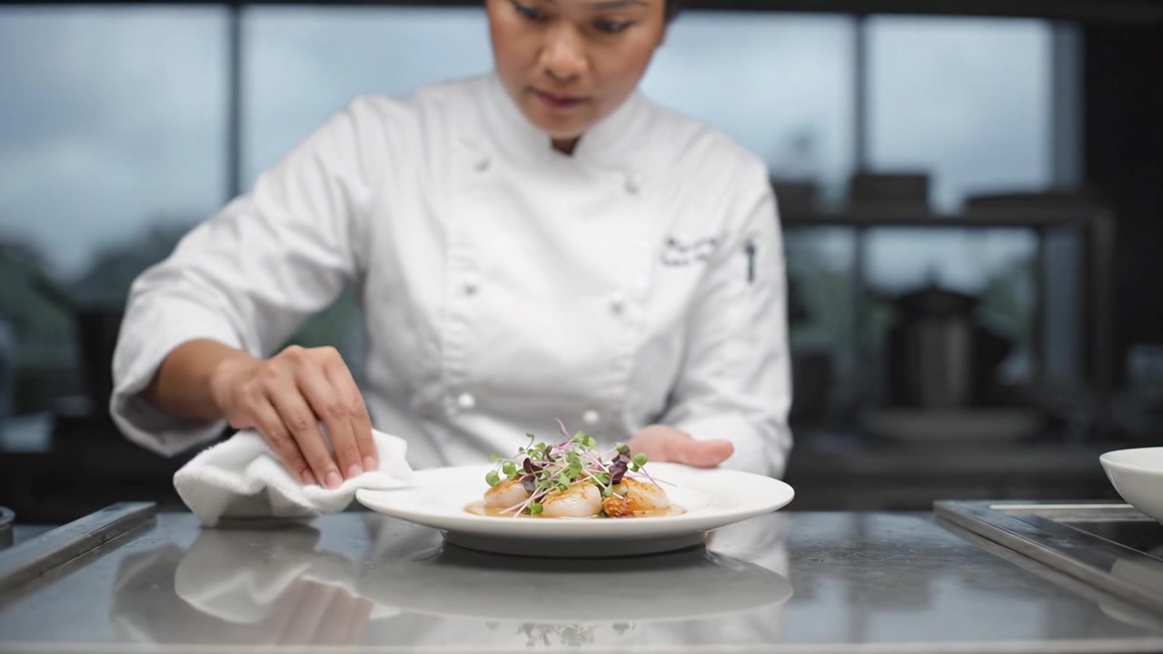 A dedicated chef meticulously presenting a gourmet dish in a modern kitchen with a focus on detail, artistry, and culinary excellence for an exquisite dining experience.