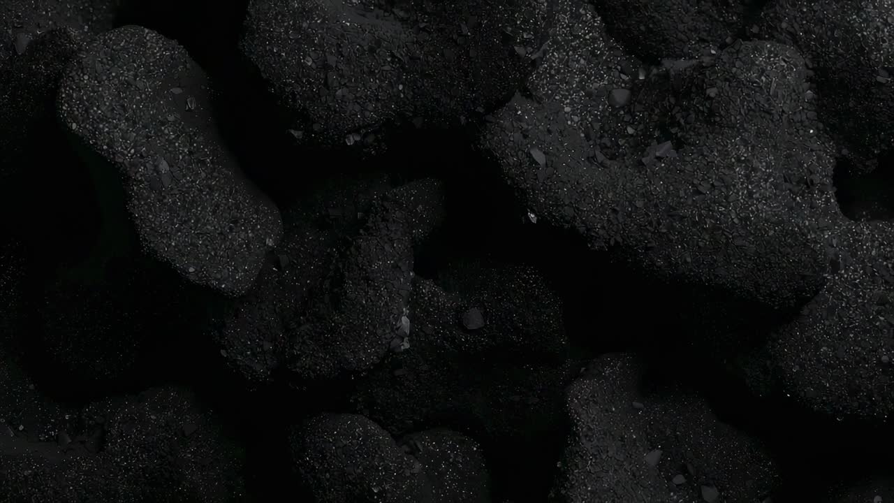 Zooming camera showing irregular porous coallike lumps in macro close-up, exposing grit and shadows