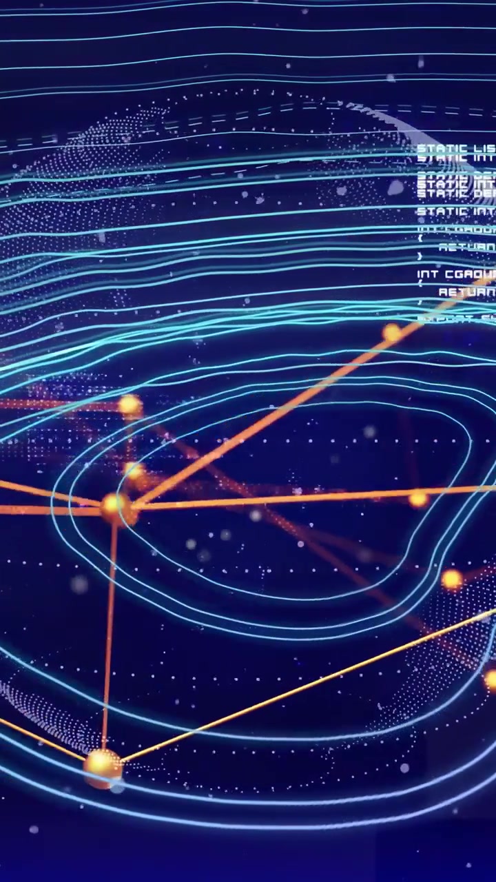 Vertical video: Orange lines appearing, dotted data globe connecting gold nodes, showing network