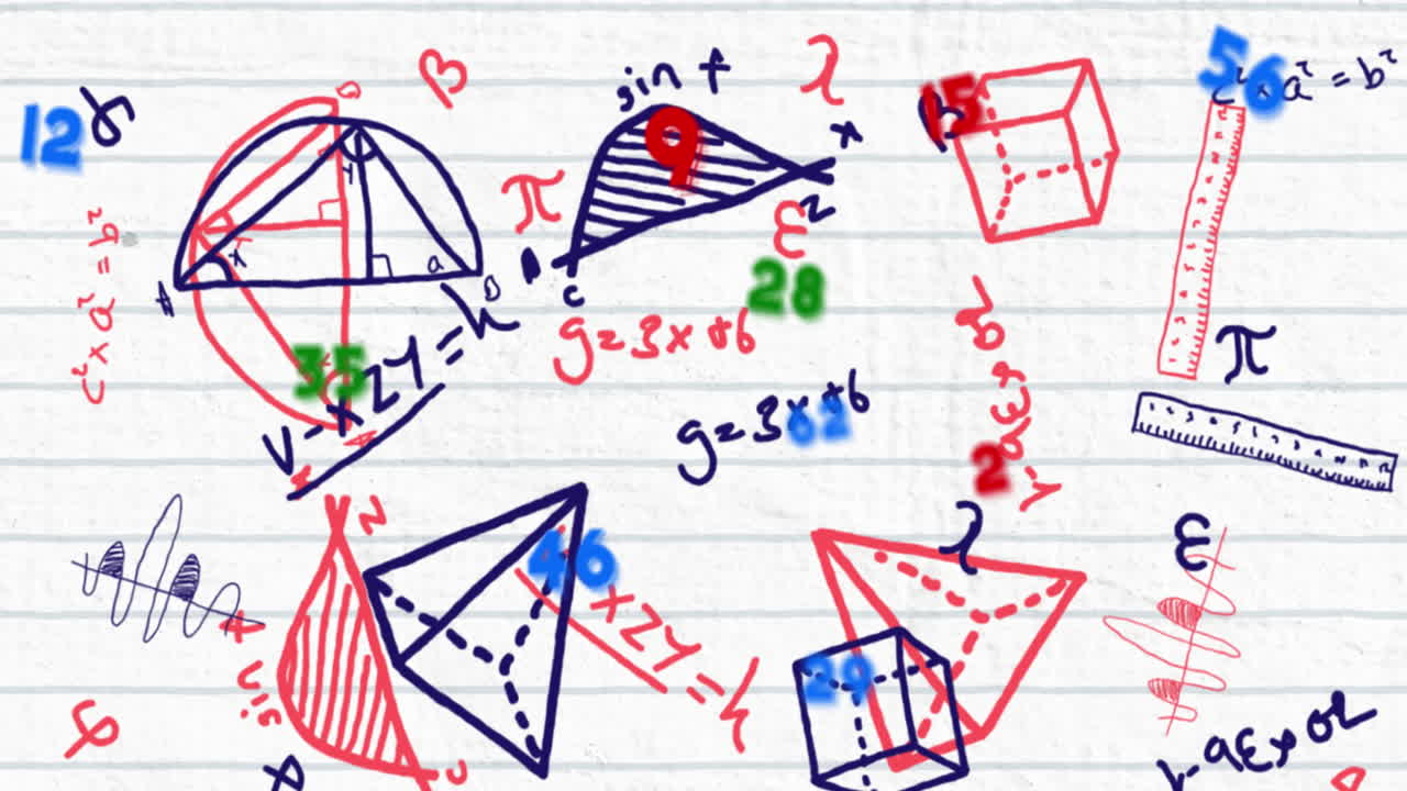 ⁇ 색 배경에 수학 방정식 위에 떠다니는 숫자의 애니메이션