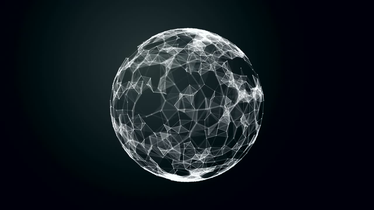 플렉서스 모양의 구, 지구, 공간: 움직이는 선, 지점, 삼각형이 있는 추상적인 기하학적 배경.플렉서스 환상 추상 기술.