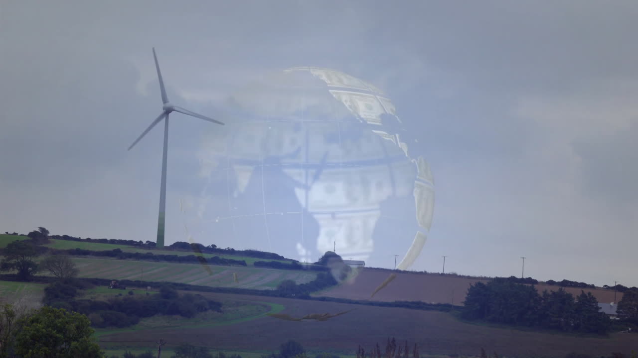 회전하는 지구와 달러 지폐 애니메이션으로 푸른 풍경에 풍력 터빈