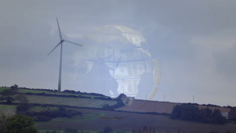 turbina eólica en paisaje verde con globo giratorio y billetes de dólar animación