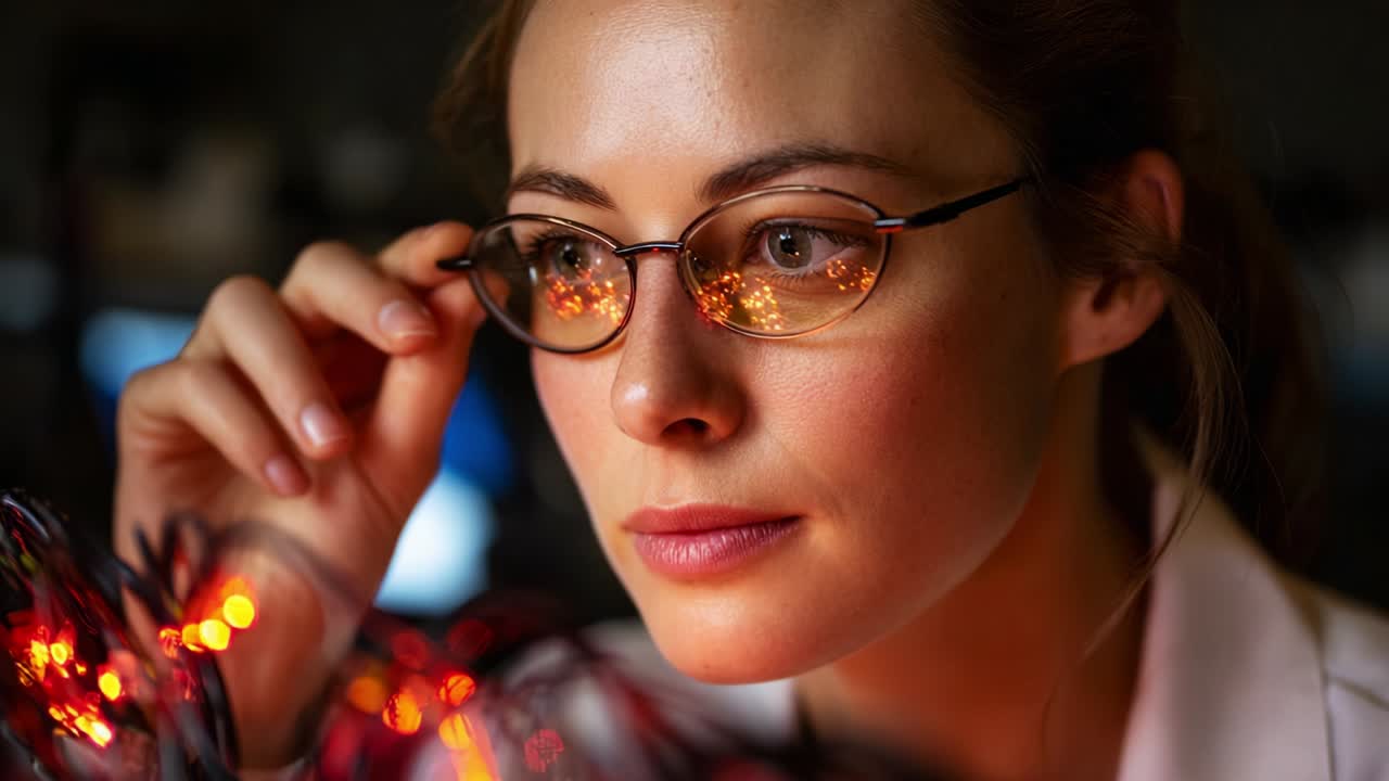 A focused woman adjusts her glasses while observing the luminous glow of decorative lights, showcasing a moment of curiosity and concentration in a softly lit environment filled with glowing elements