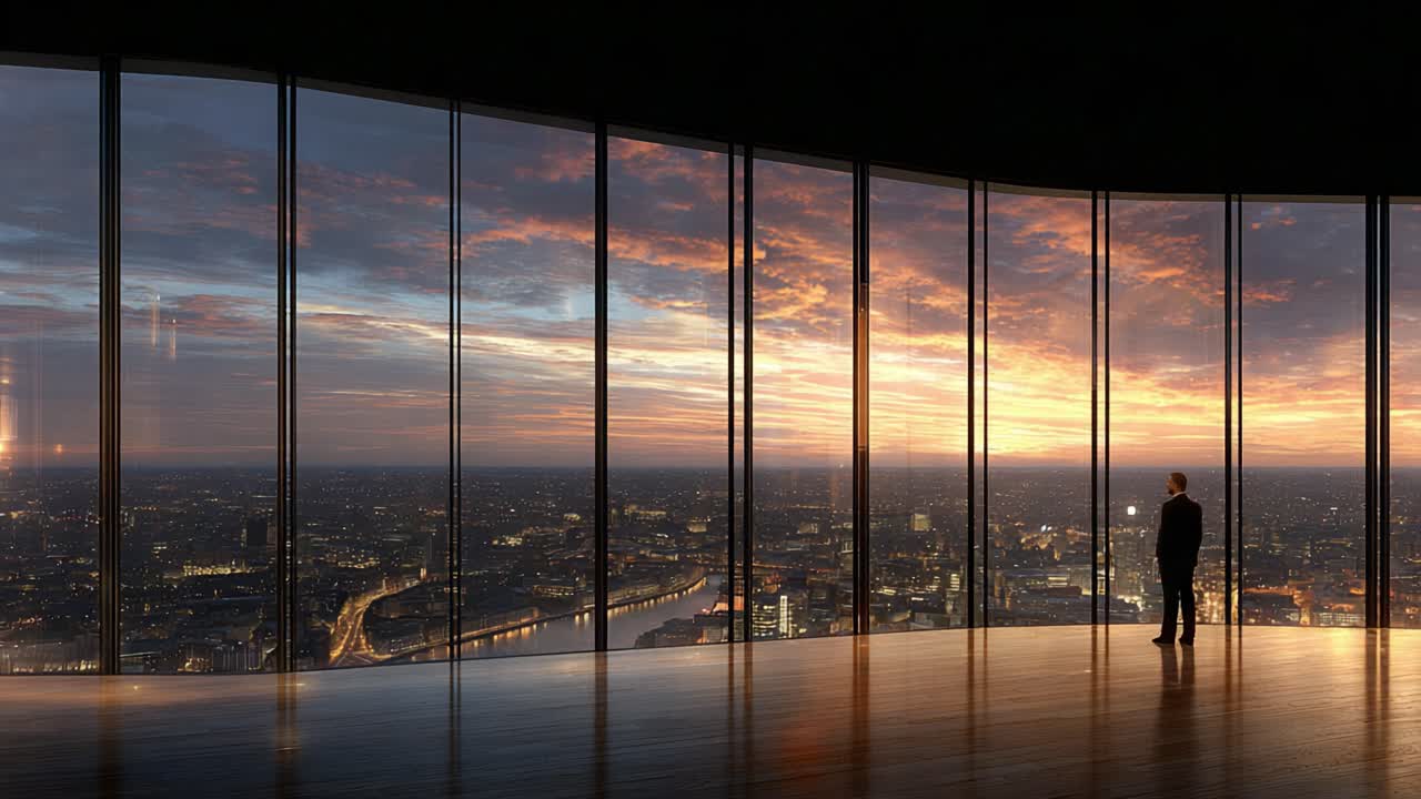 A contemplative figure gazes out of a panoramic window, witnessing the breathtaking beauty of a sunset above a sprawling urban landscape, capturing a moment of reflection and serenity