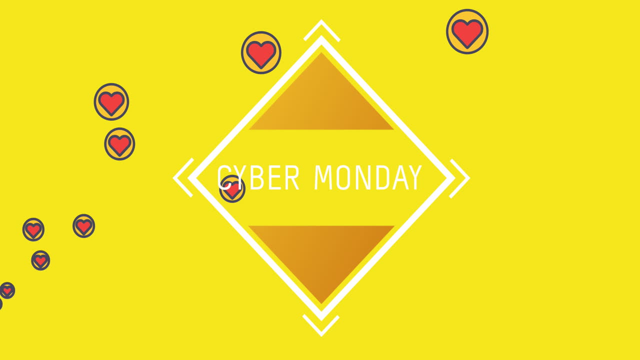 사이버 월요일 사각형 모양의 텍스트와 노란색 배경의 빨간색 심장 아이콘