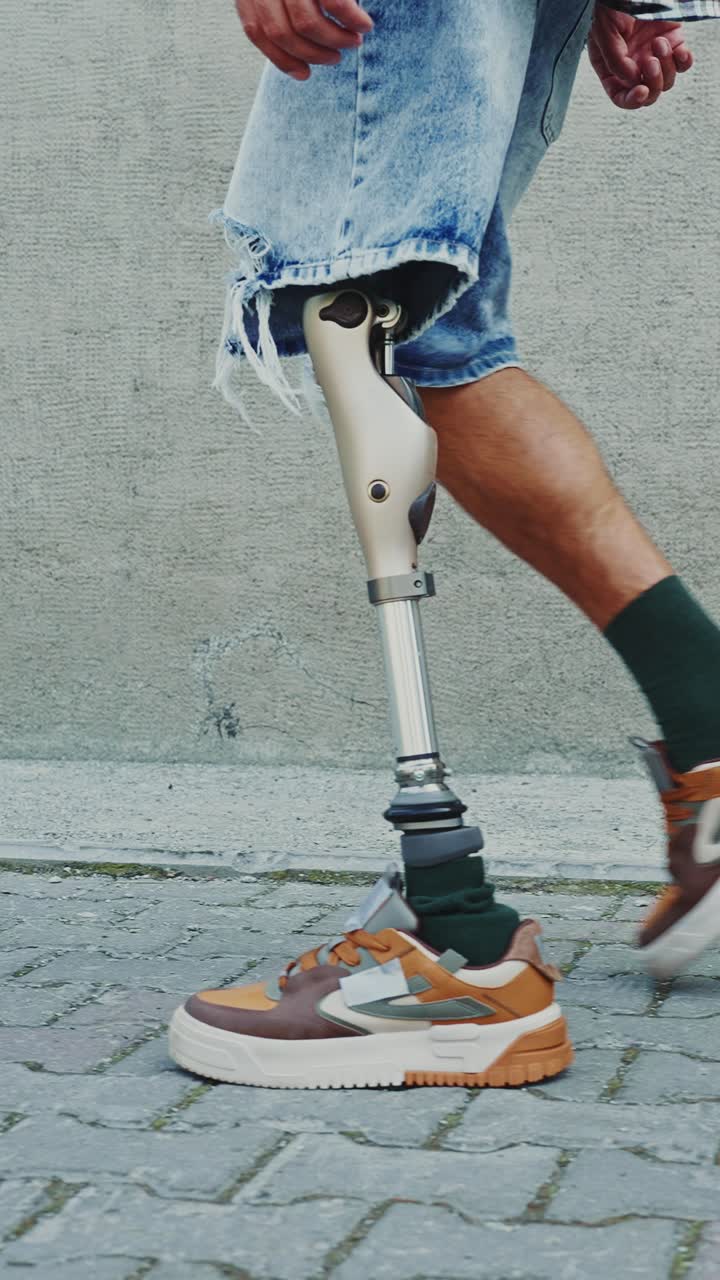 Man with prosthetic leg walking on the street