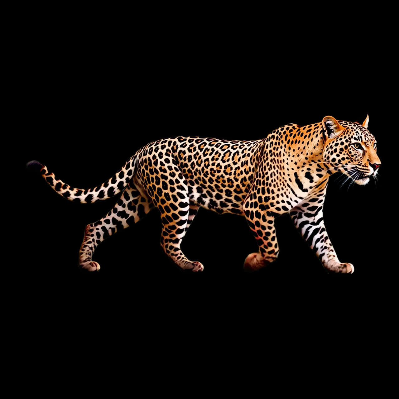 Majestic leopard gracefully prowling animation isolated asset, transparent 4K video, alpha channel