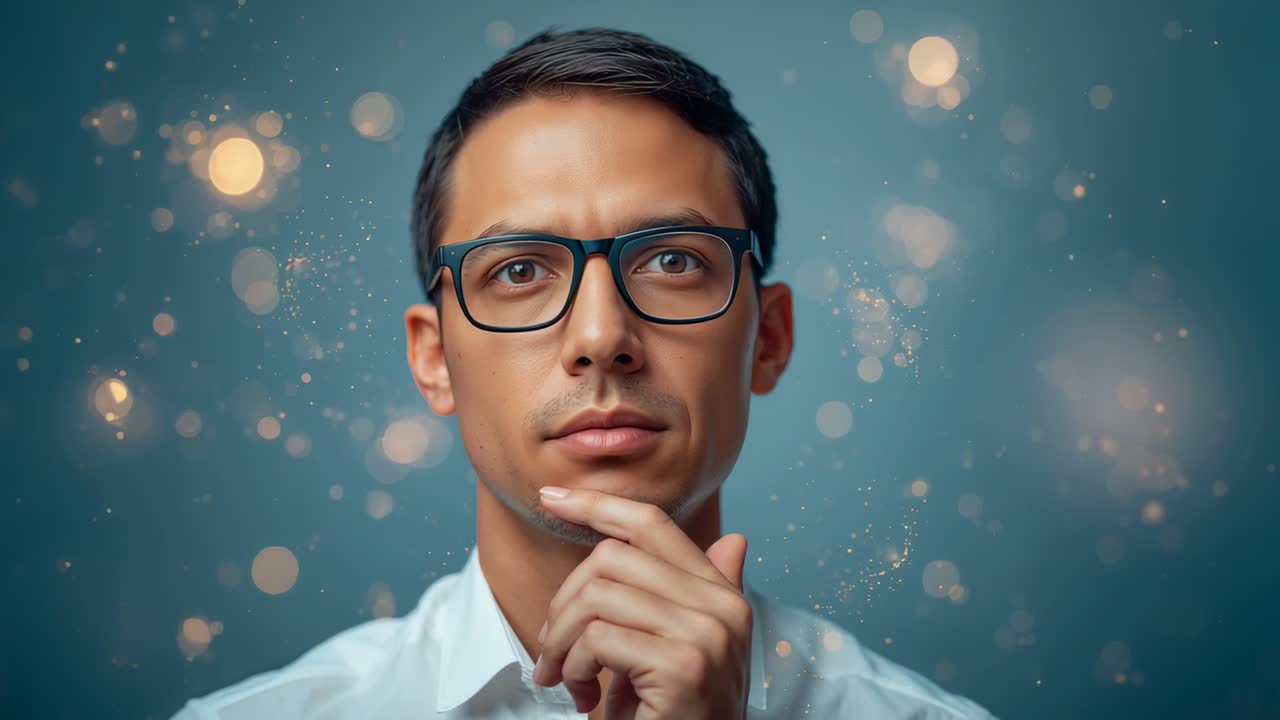 Camera rolling man in white shirt touching chin, raising head, posing in studio with glasses