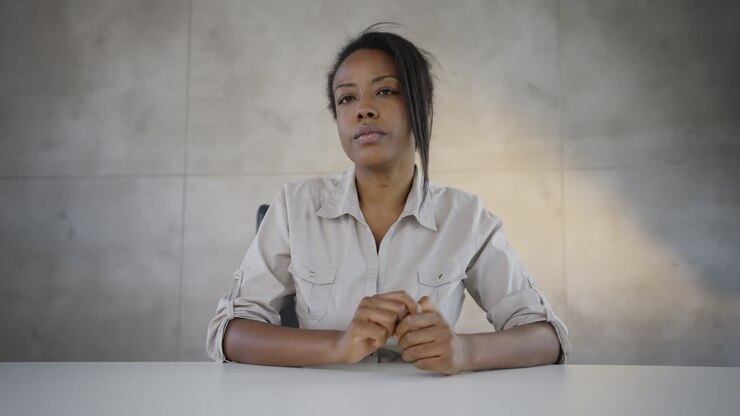 Woman Sitting at Desk, Serious Expression