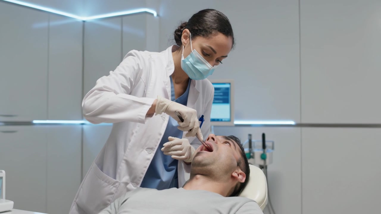 Dentista inclinado con bata blanca y mascarilla realizando examen oral a paciente reclinado en sillón dental, con espejo.