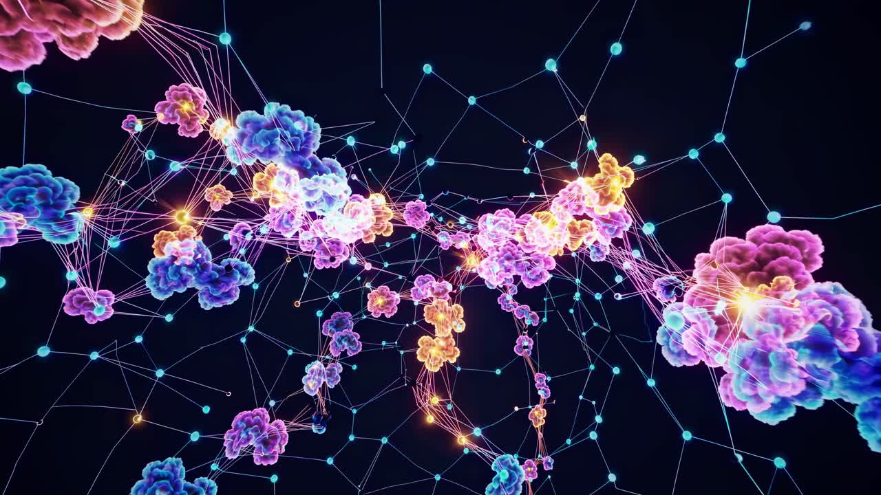 Aerial view of a digital network with colorful molecular structures, showcasing a futuristic concept