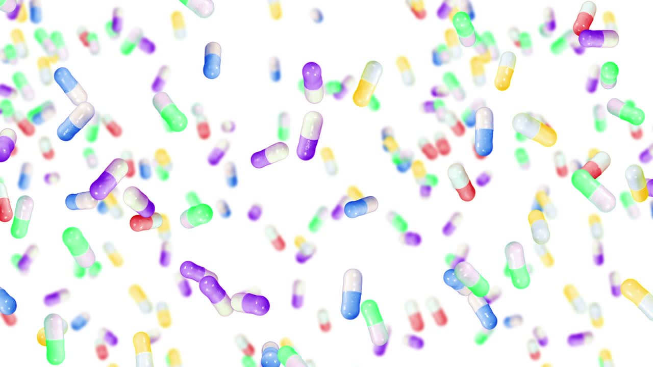 백색 배경에 많은 의료 을 날아. 의학 및 제약 개념. 다채로운 약  회전의 3d 애니메이션. 루프 애니메이션.