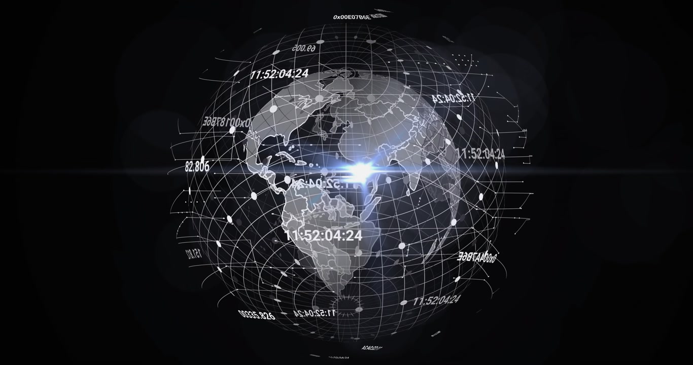 Digital wireframe globe rotating in 3D render space, with grid lines, data nodes, floating codes