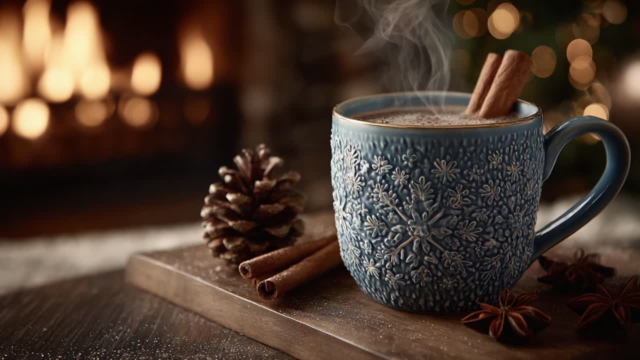 Cozy Winter Coffee Scene: A Beautifully Crafted Blue Mug with Cinnamon Sticks, Surrounded by Pine Cones and Soft Glows from a Cracking Fireplace
