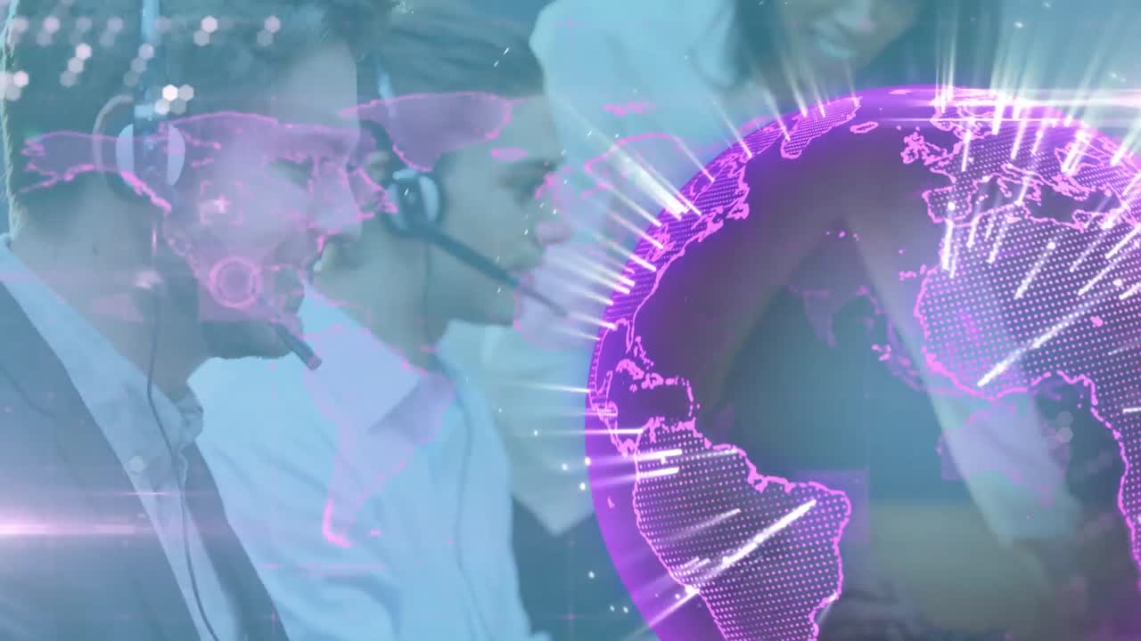 animación del globo giratorio sobre mujer afroamericana equipo de capacitación de ejecutivos en la oficina