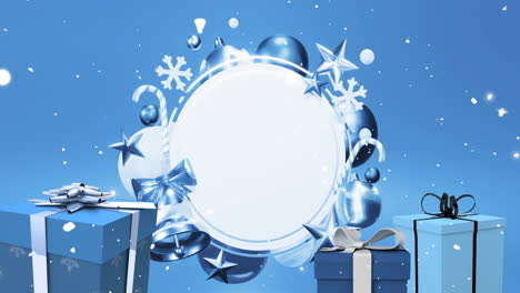 animación de nieve cayendo y decoraciones de navidad sobre el círculo con espacio de copia en fondo azul