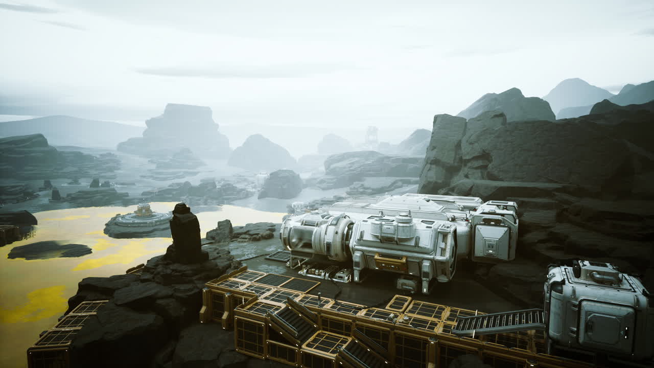 Futuristic mining habitat hightech settlement along rugged coastlines