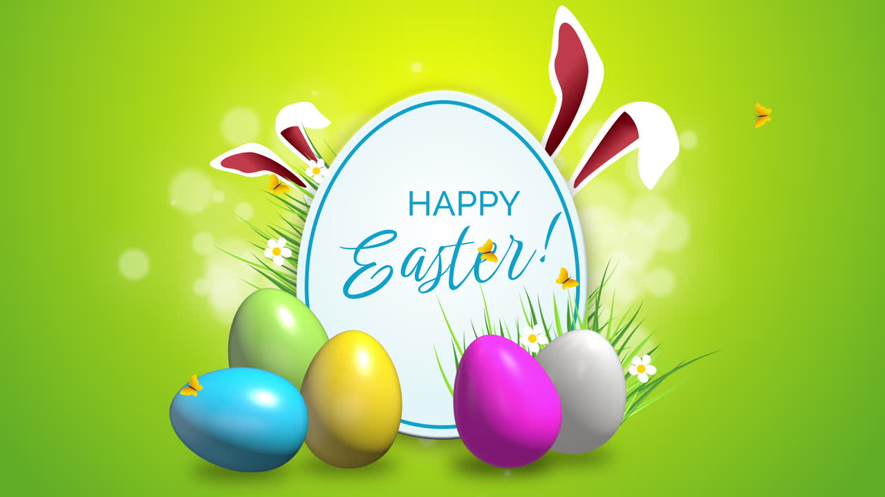 Easter sticker animation with rabbit ears and colored eggs on green background with butterflies. Happy Easter. Looped video.