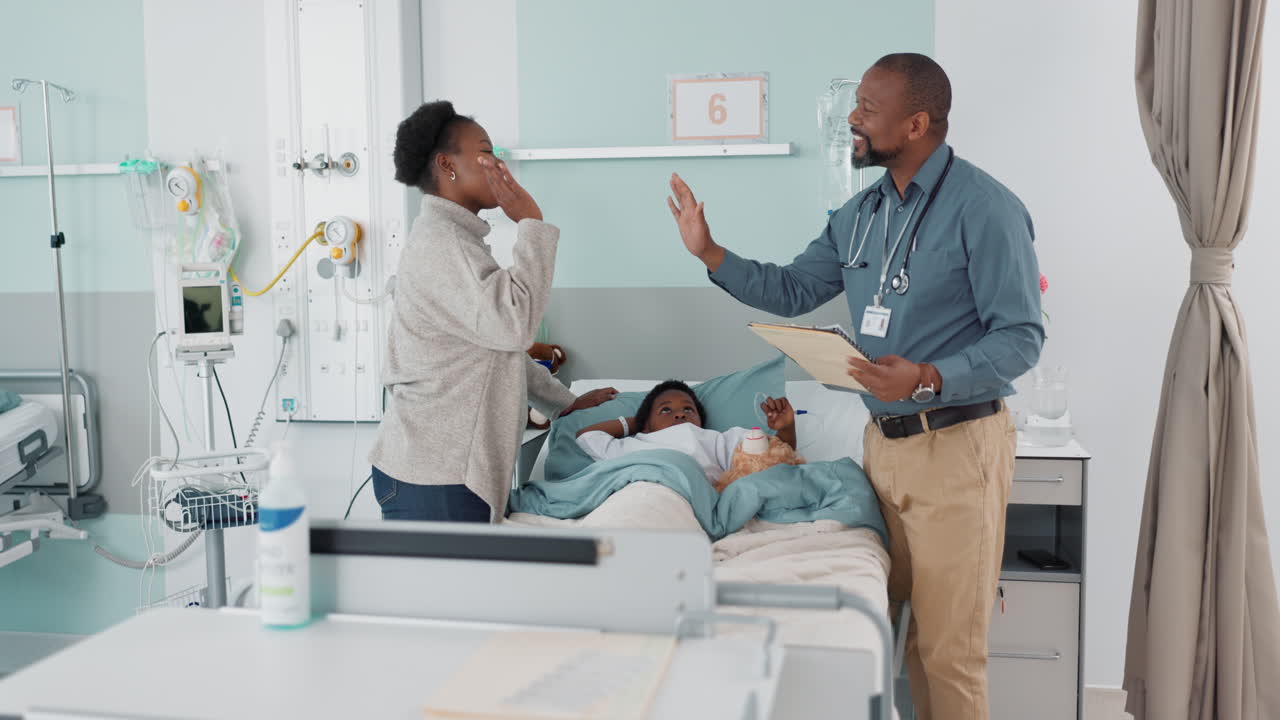 Pediatrician, high five and parent with child