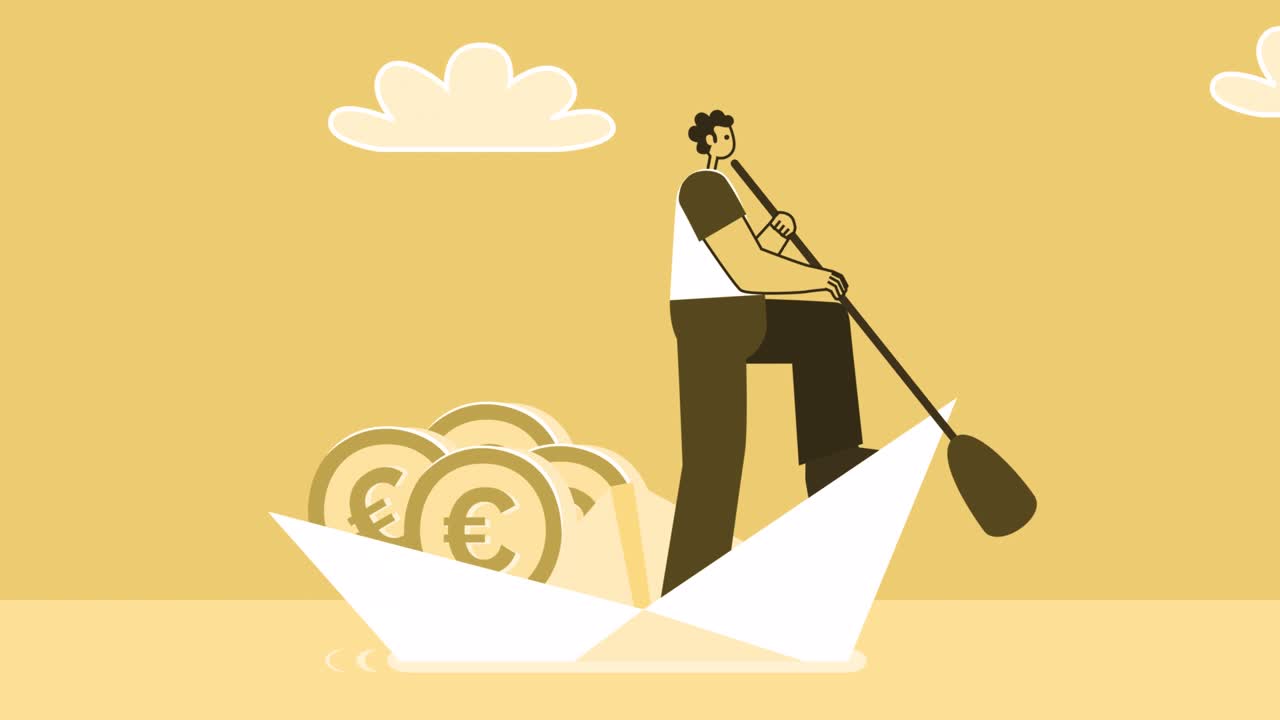 유로 동전과 함께 종이 배를 항해하는 노란색 스타일의 평평한 캐릭터. 알파 채널과 함께 고립된 루프 애니메이션