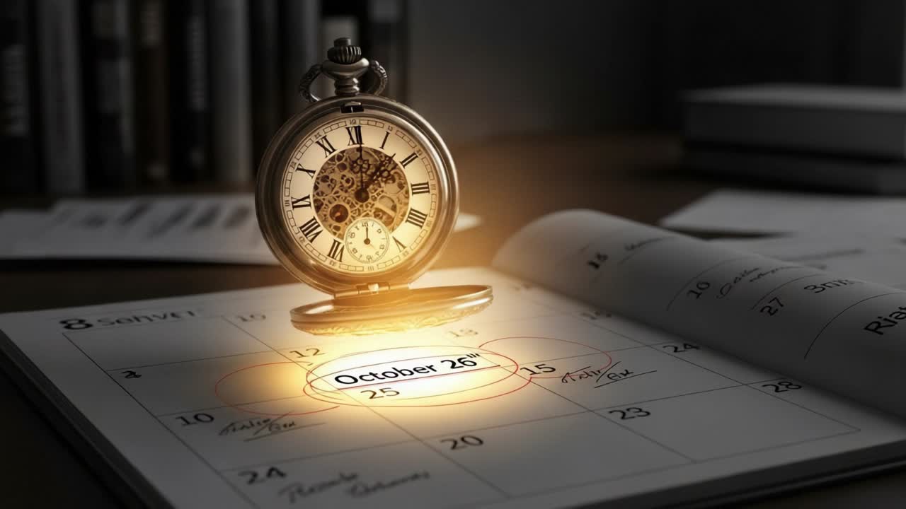A vintage clock highlights October 26 on a calendar, representing the passage of time and the importance of dates in our lives