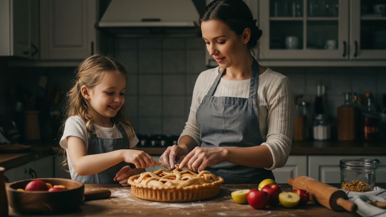A Heartwarming Moment in the Kitchen: A Culinary Bond Between Mother and Daughter as They Create a Delicious Apple Pie Together, Bringing Joy and Family Traditions to Life