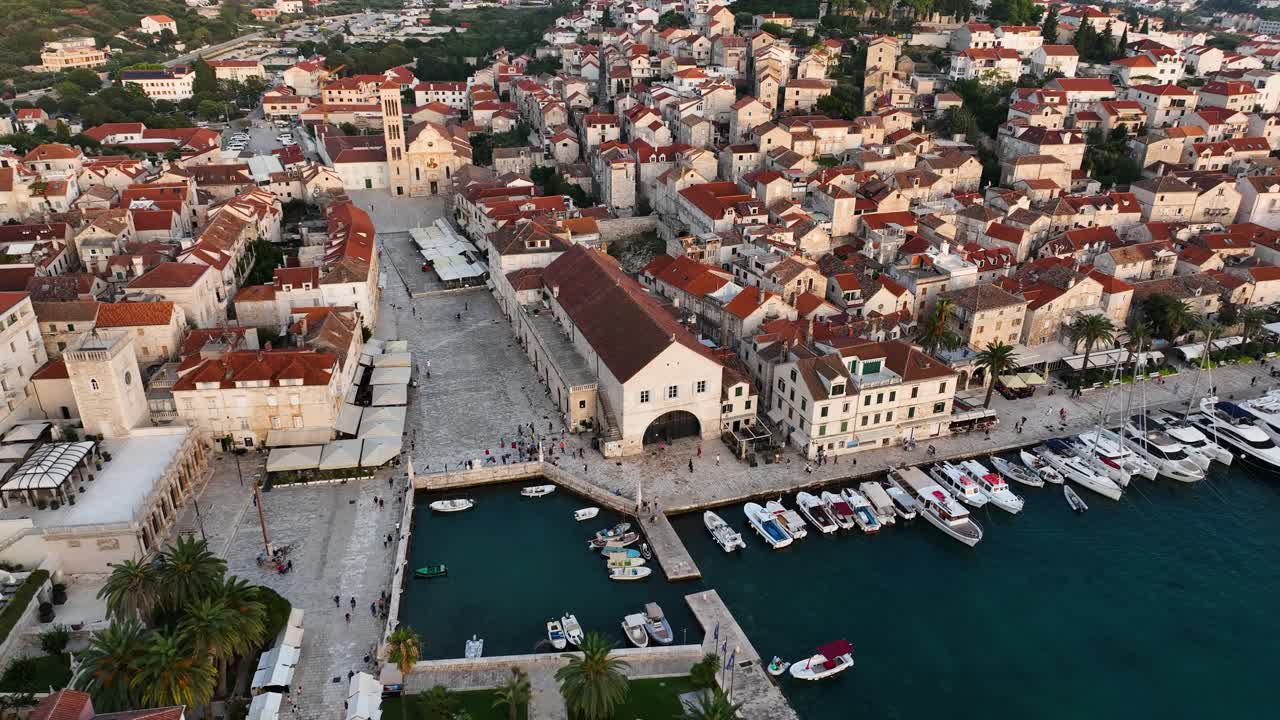Hvar Historic Waterfront City and Boats in the Marina AERIAL