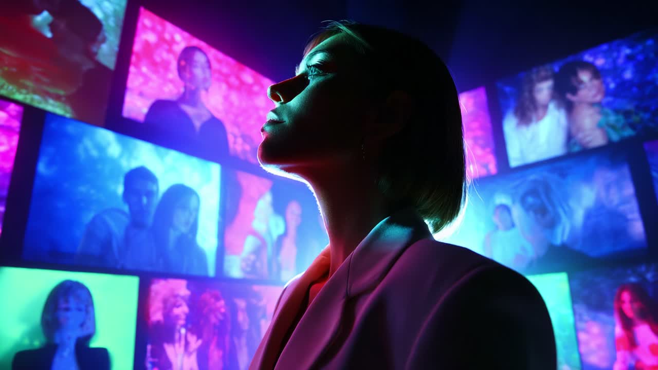 A captivating figure stands against a backdrop of colorful screens, exuding an aura of intrigue, with visuals of diverse expressions radiating vibrant hues of blue, pink, and purple, creating an enchanting atmosphere