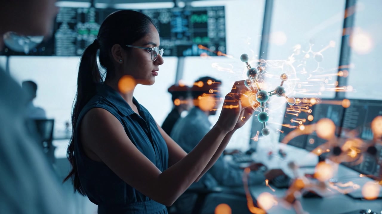A focused scientist engaging with molecular structures in a modern laboratory setting, showcasing innovation and technology in scientific research and analysis.