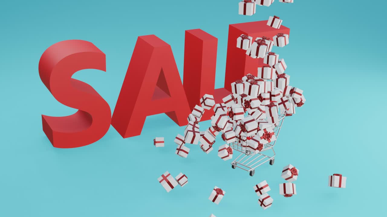 현실적인 3d 애니메이션 비디오는 쇼핑 카트가 콘셉트, 판매 및 할인 마케팅 프로모션에 쌓인 제품의 큰 드롭과 함께 장면으로 미끄러지는 것을 보여줍니다.