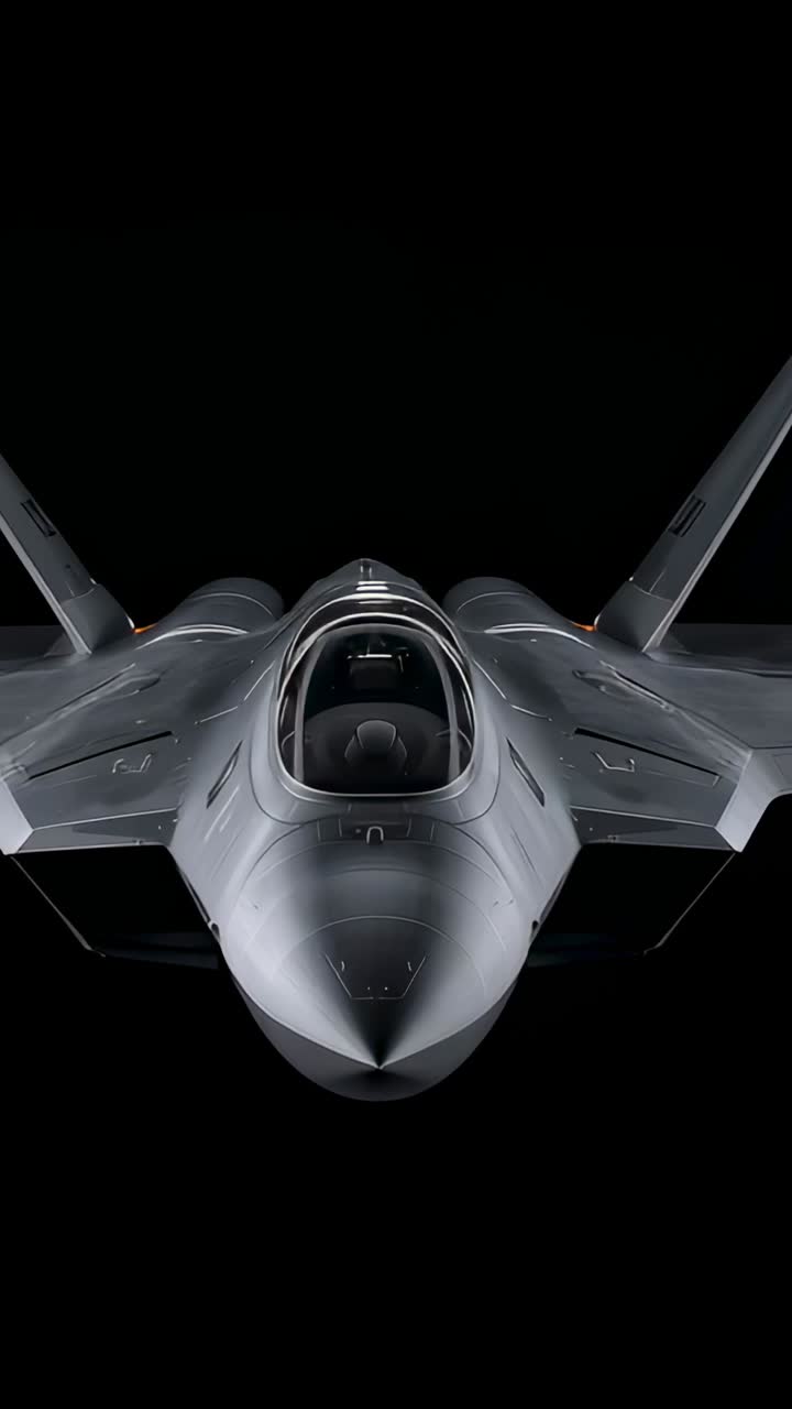 Vertical video: Stealth fighter jet rotating right in studio after head-on view, showing contours